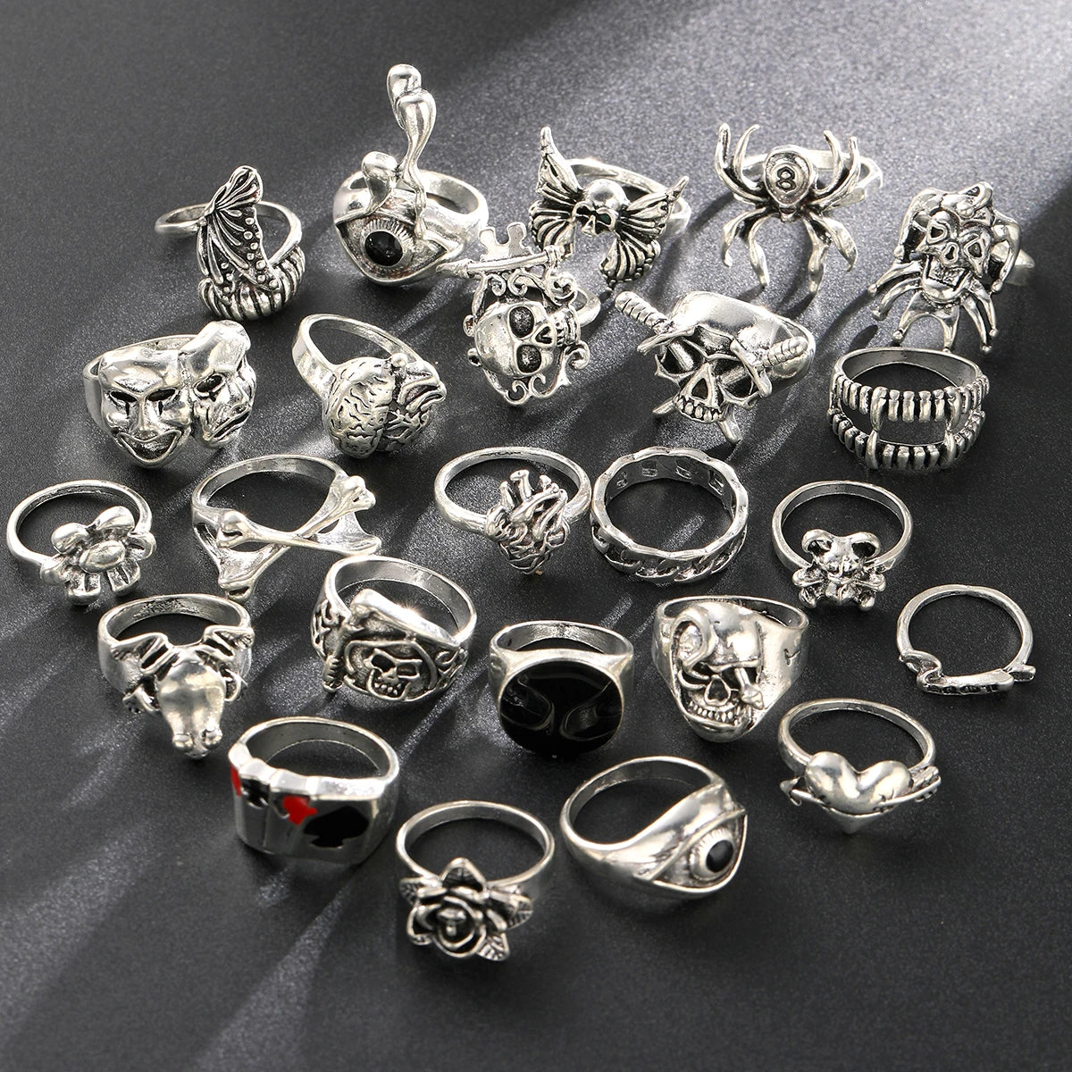 24-teiliges Gothic-Skelett-Unisex-Ring-Set Punk Grunge Schmetterling Frosch Damen Herren Schmuck Hip Hop Party Street Ring Accessoires Geschenk