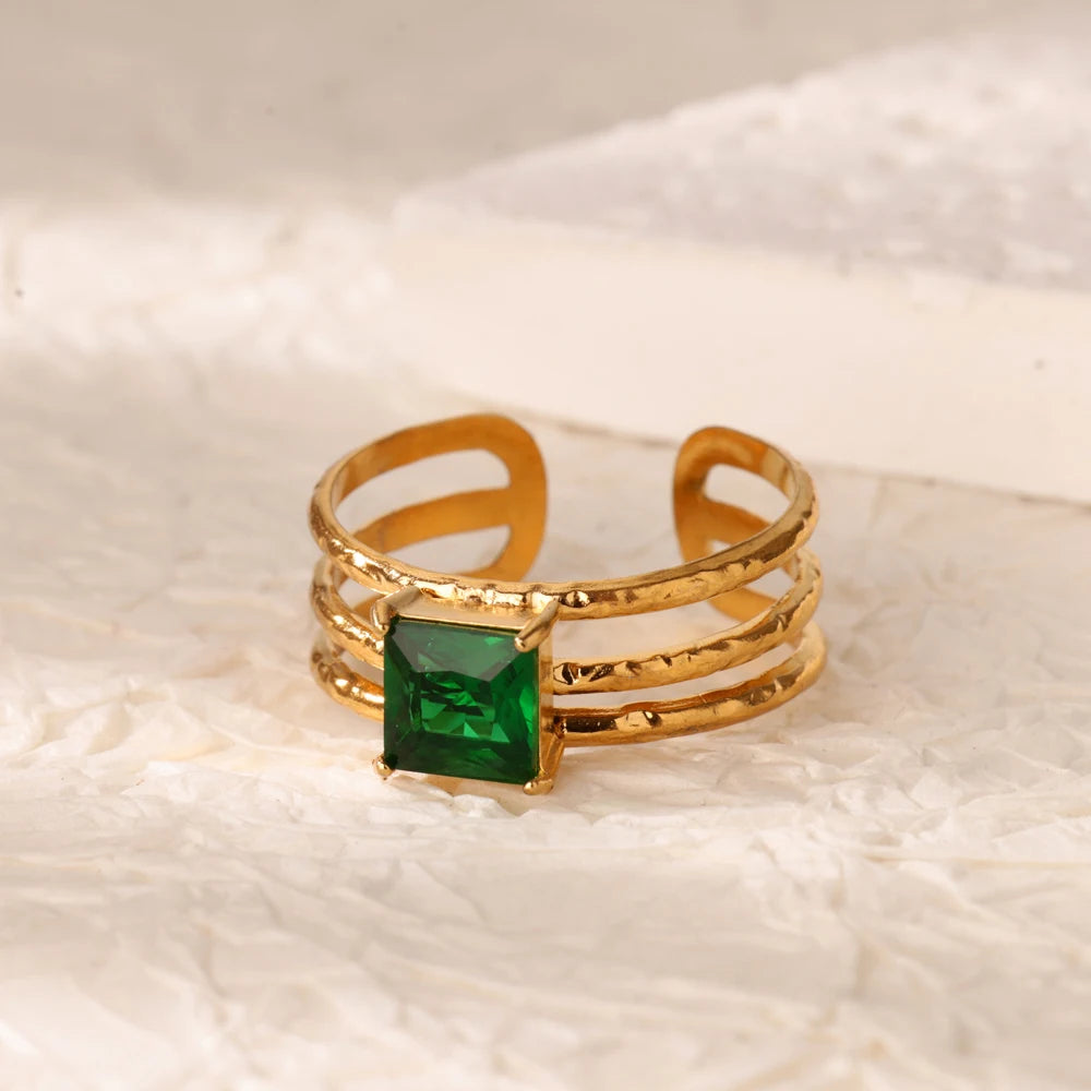 Grüne Zirkonia Herzringe für Damen, Vintage Goldfarben, Edelstahl, offener Ring, modischer ästhetischer Schmuck, Hochzeitsgeschenk
