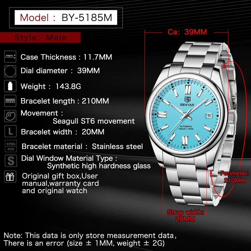 Nuevo reloj automático de lujo BENYAR, impermeable hasta 10ATM, de acero inoxidable, para hombre, relojes de pulsera mecánicos, reloj deportivo de buceo para hombre