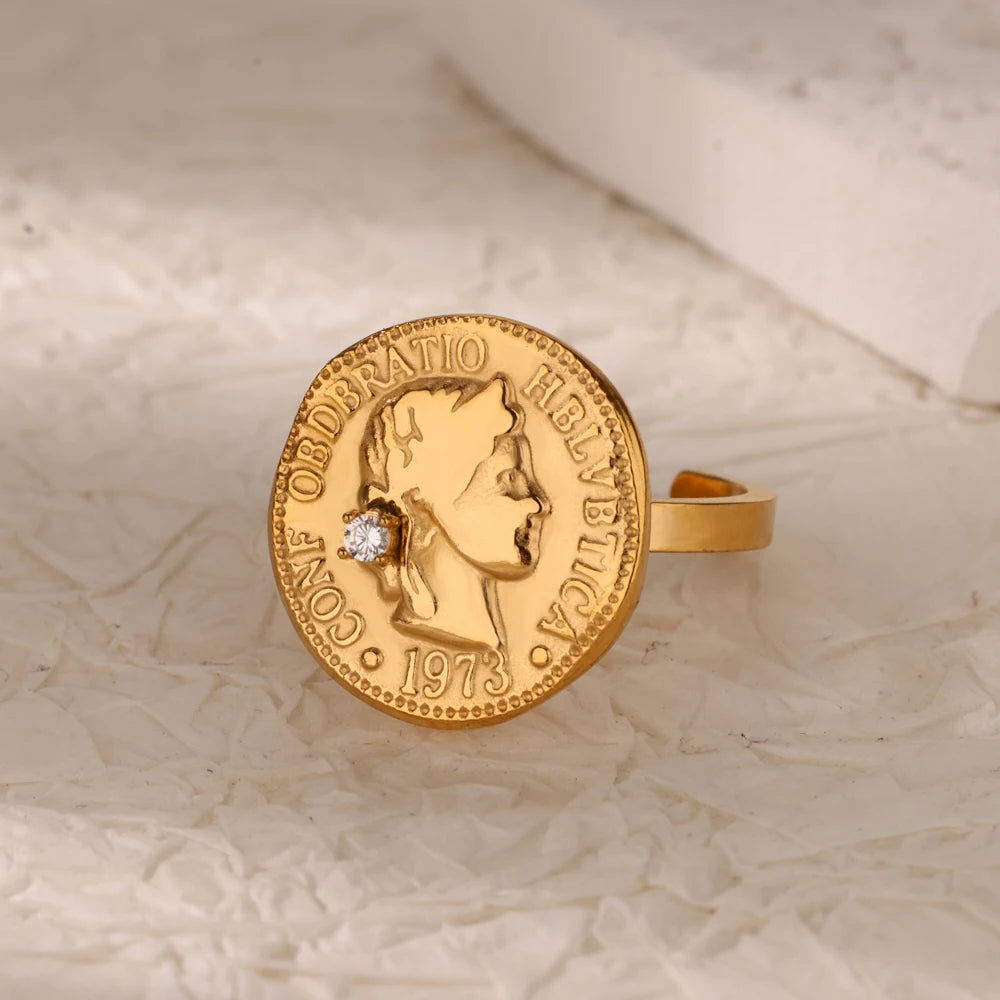 Anillos de Monedas de la Diosa Arethusa de la Antigua Grecia Vintage para Mujeres Imitación Perla Zircon Luna Anillo de Acero Inoxidable Joyería de Moda
