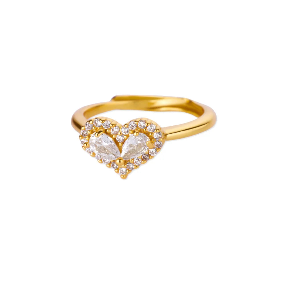 Zirkonia Herzring für Damen Goldfarben Edelstahl Herz Verstellbarer Ring Hochzeitstag Wasserdichter Schmuck Geschenk