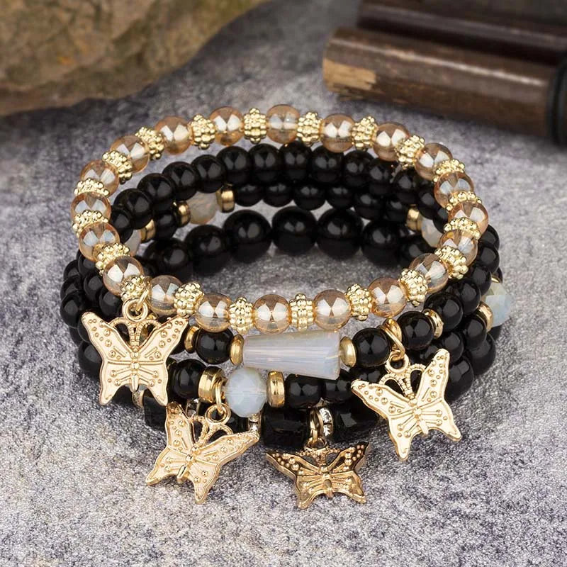 4 Stück Böhmisches Schmetterlings-Charm-Armband-Set für Damen, Kristallperlen, Kettenarmreif, weibliche Mode-Party-Schmuckgeschenk