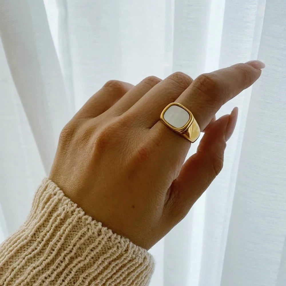 Anillos cuadrados gruesos vintage de concha para mujer, color oro blanco, anillo grande para mujer, accesorios de joyería para fiesta, regalo de tienda.