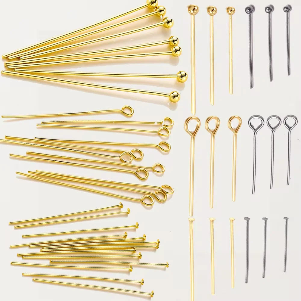 100 unidades/lote de 16-50 mm chapados en oro de 14K y 18K, alfileres de cabeza redonda para hacer joyas, accesorios de latón, metal, alfileres de cabeza plana y de ojal