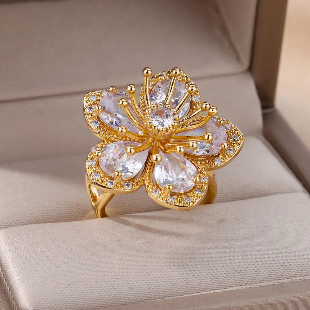 Rosa Zirkonia Blumenringe für Frauen Goldfarbener Edelstahlring 2025 Trend Elegante florale Luxus-Ästhetik Schmuck Anillos