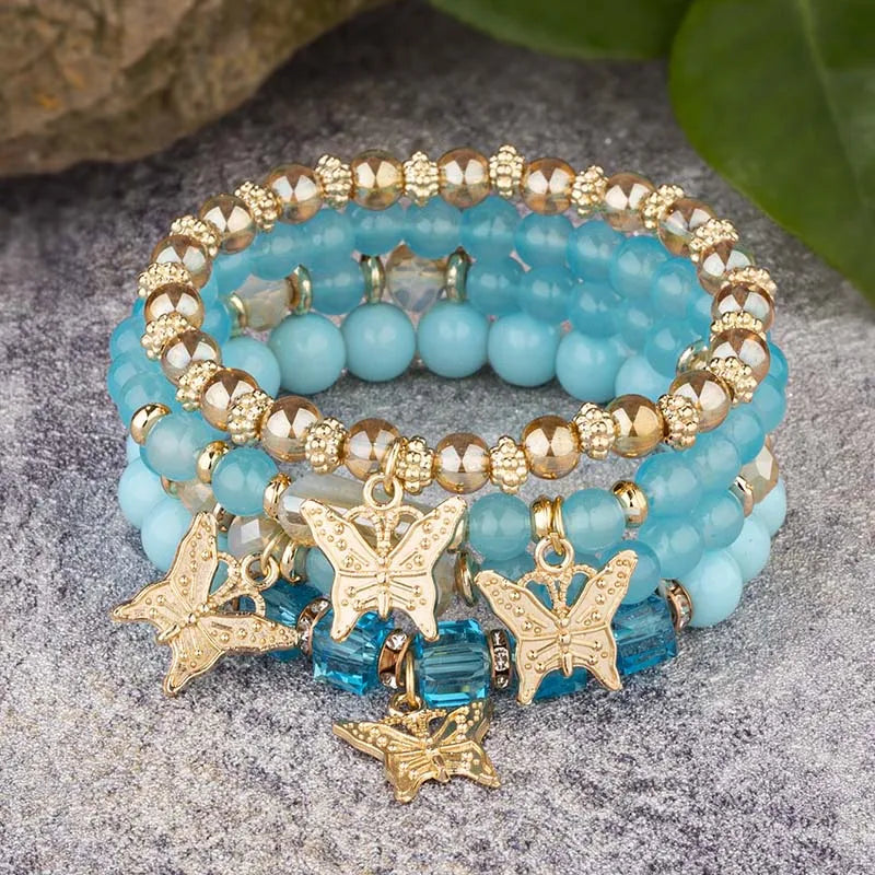 4 Stück Böhmisches Schmetterlings-Charm-Armband-Set für Damen, Kristallperlen, Kettenarmreif, weibliche Mode-Party-Schmuckgeschenk