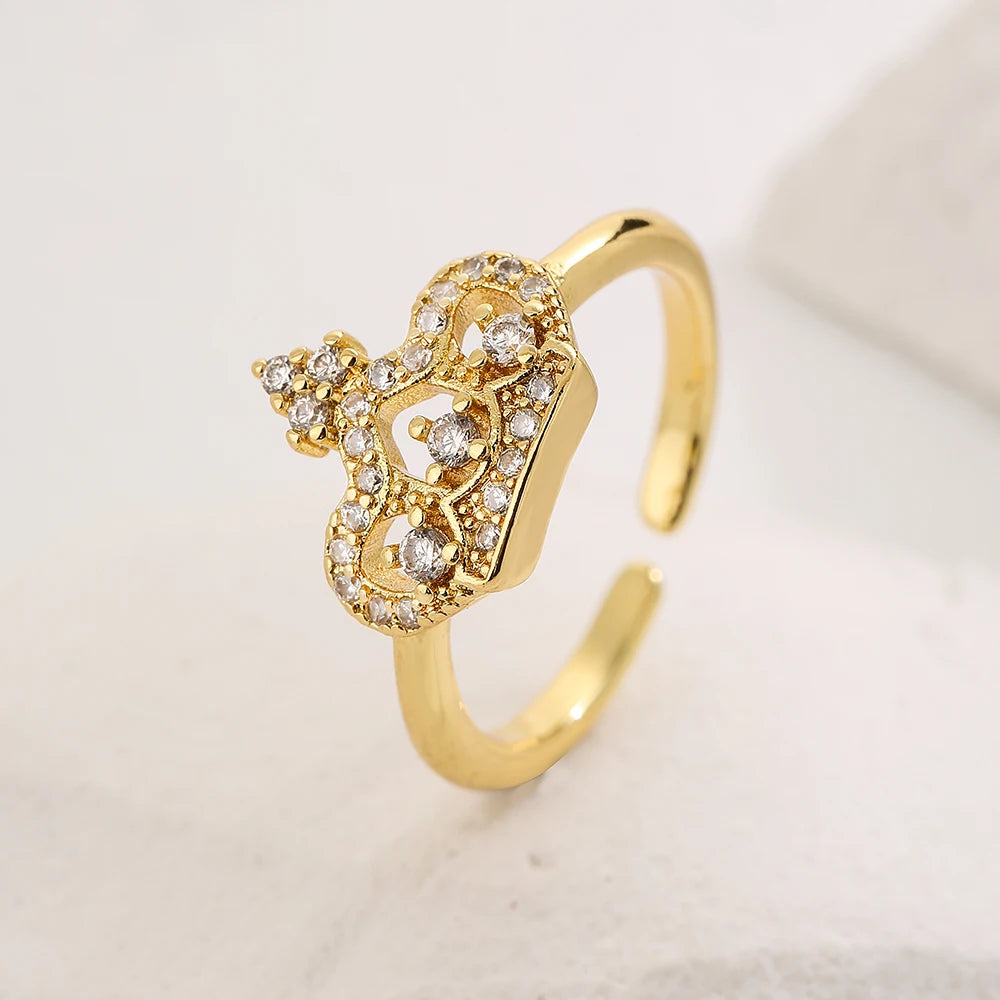 NEWBUY 2025 Trendige goldfarbene Kronen-Anhänger-Fingerringe, offenes Design, verstellbar, glänzende Zirkonia-Hochzeits-Schmuck für Damen