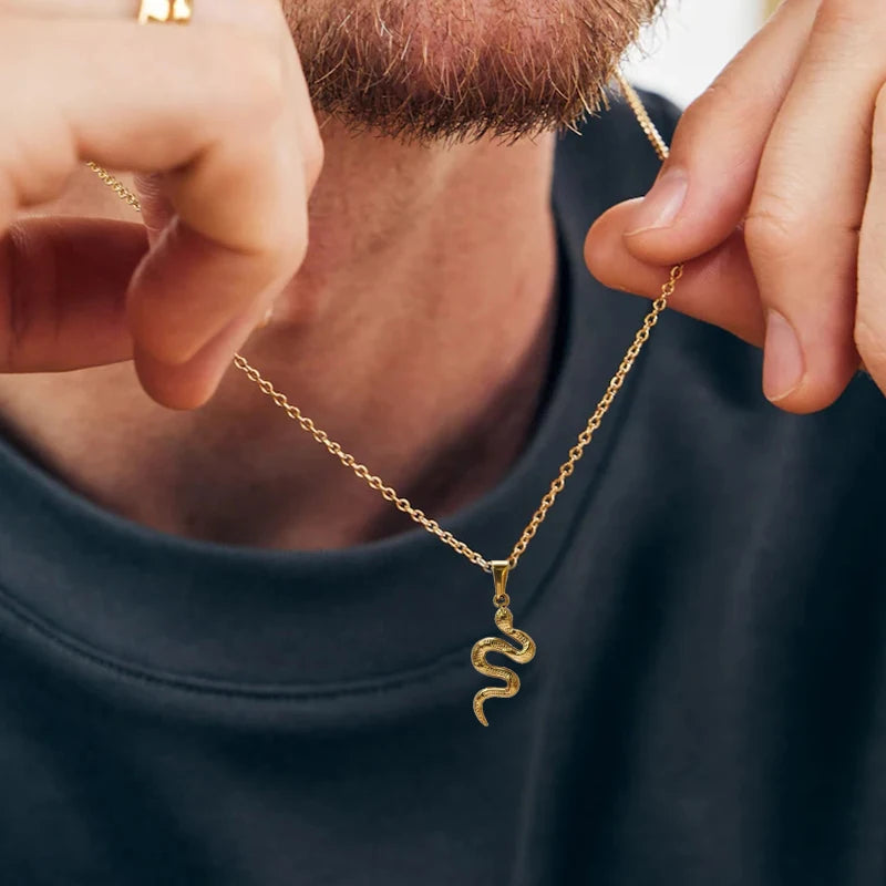 Collar con colgante de serpiente de acero inoxidable - Chapado en oro de 18 quilates, diseño sencillo, dijes de acero inoxidable, joyería de animales para hombres y mujeres