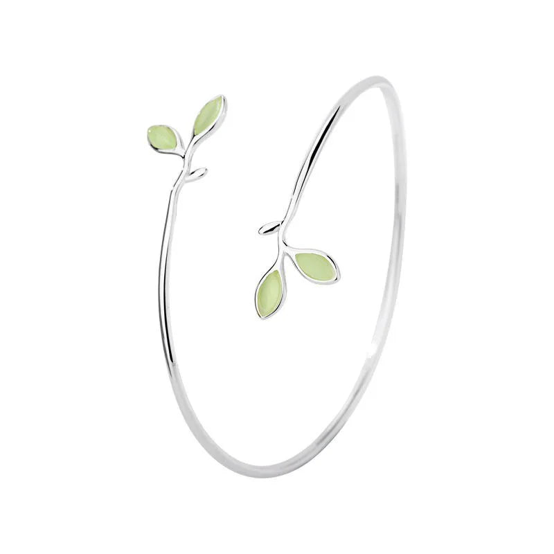 VENTFILLE 925 Sello Pulsera de Color Plateado para Mujer Hoja de Ópalo Verde Ramas Joyería Regalo para Niñas Dropshipping