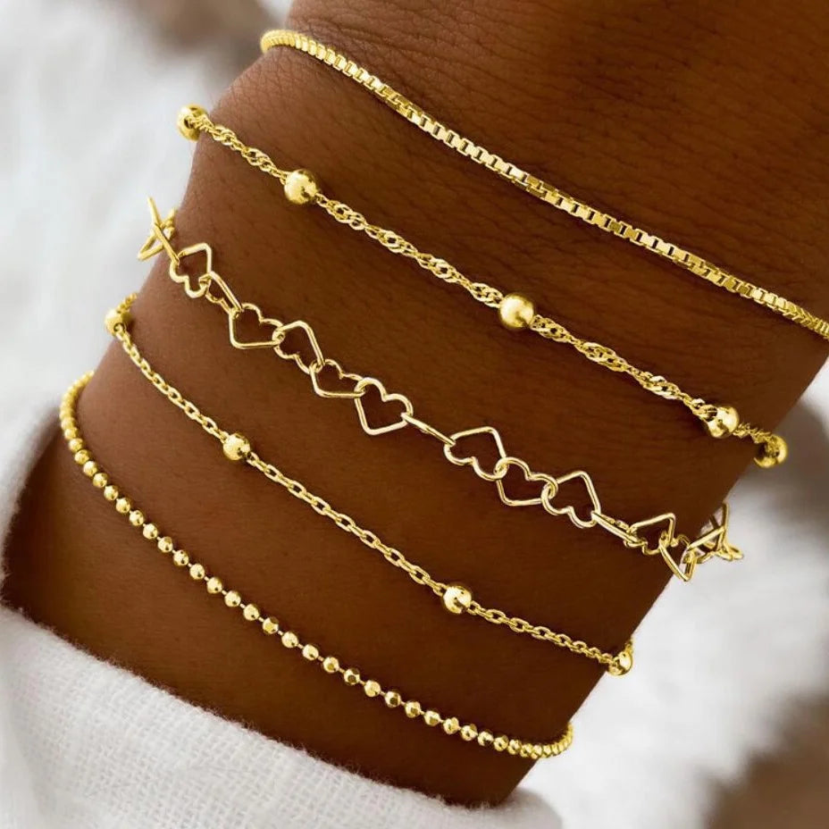 Neu 5tlg/Set Goldfarben Elegant Liebe Armreif Retro Mehrschicht Armbänder Set Für Damen Weiblich Mode 2024 Trendiger Schmuck Geschenk
