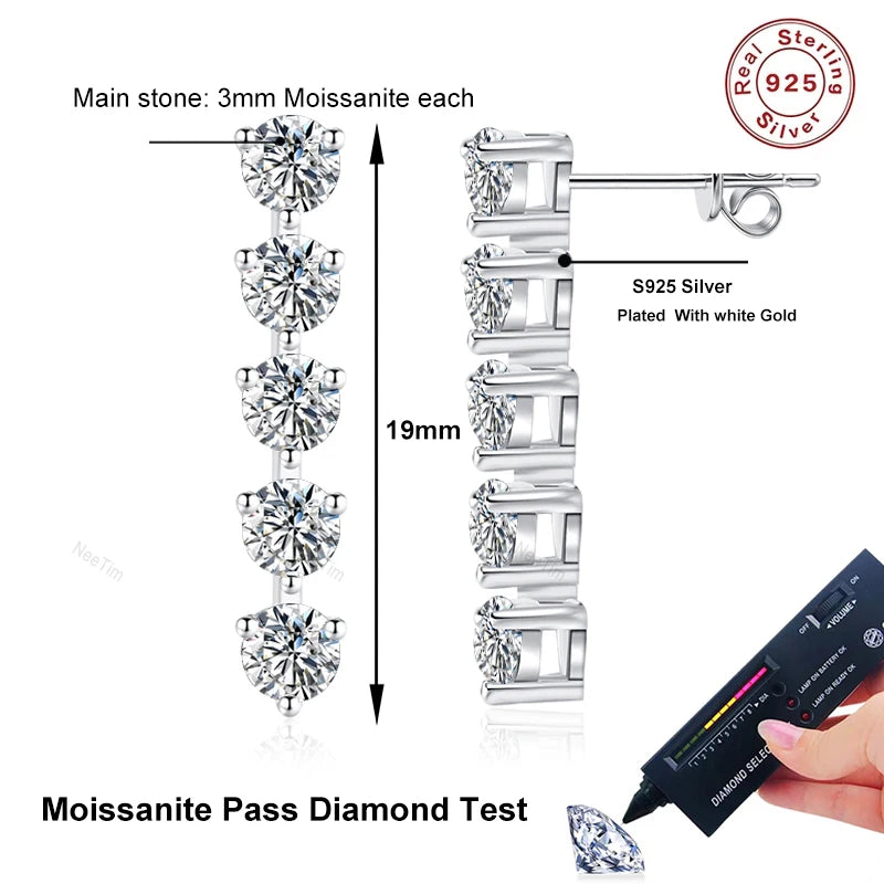 NeeTim Pendientes de moissanita completa de 3 mm para mujer, joyería fina para boda, plata de ley 925 con chapado en oro blanco, aretes de fiesta