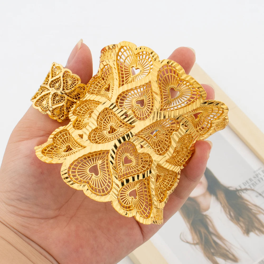 Extravagantes Armband mit Ring-Set für Dubai, 18 Karat vergoldetes Design, Manschettenarmreif und Fingerring-Set für Verlobungsfeier-Schmuck