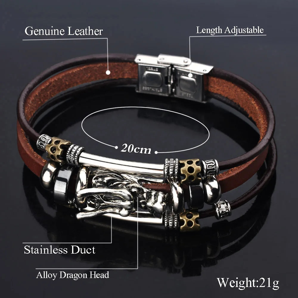 Trend Personalized Jewelry Handmade Leather Dragon Bracelet Men Vintage Multilayer Bracelets Bangles Cuff Bracelet Pulsera