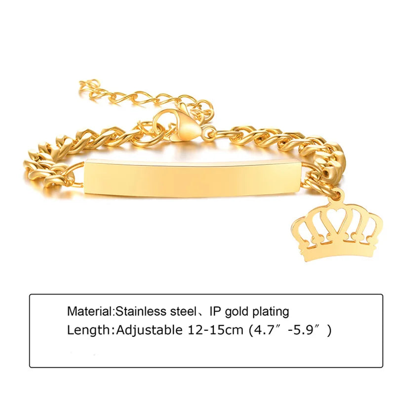 Individuelles personalisiertes Namens-ID-Armband für Mädchen und Jungen, Edelstahl-Gliederketten-Kronenarmband, nicht allergisch
