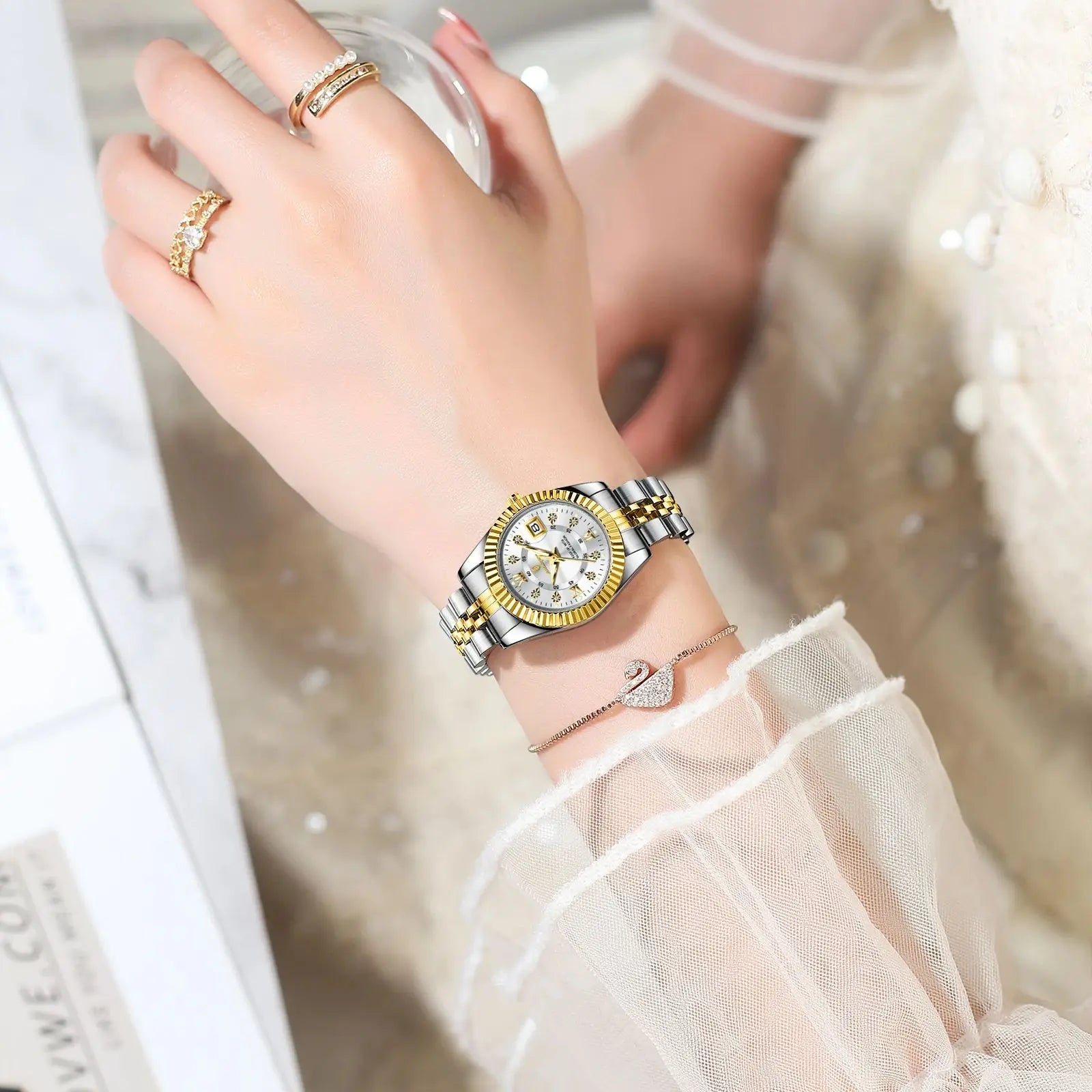 POEDAGAR Luxus elegante Damenuhr Wasserdicht Leuchtendes Datum Damenuhr Edelstahl Quarz Damenuhren Mädchen Reloj