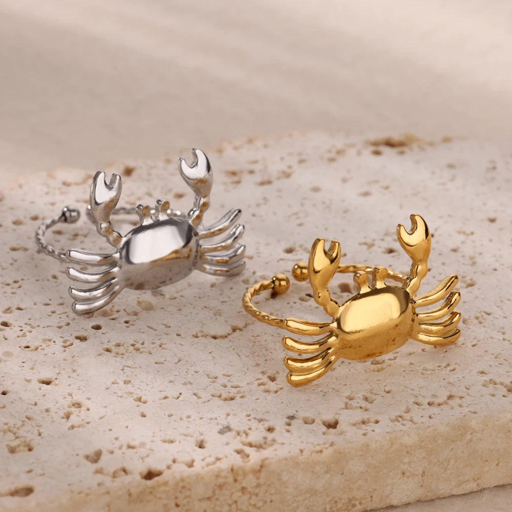 Edelstahl-Krabenringe für Damen, goldfarben, niedliche Tierform, offen, verstellbar, ästhetisch, modisch, wasserdicht, Schmuckgeschenk