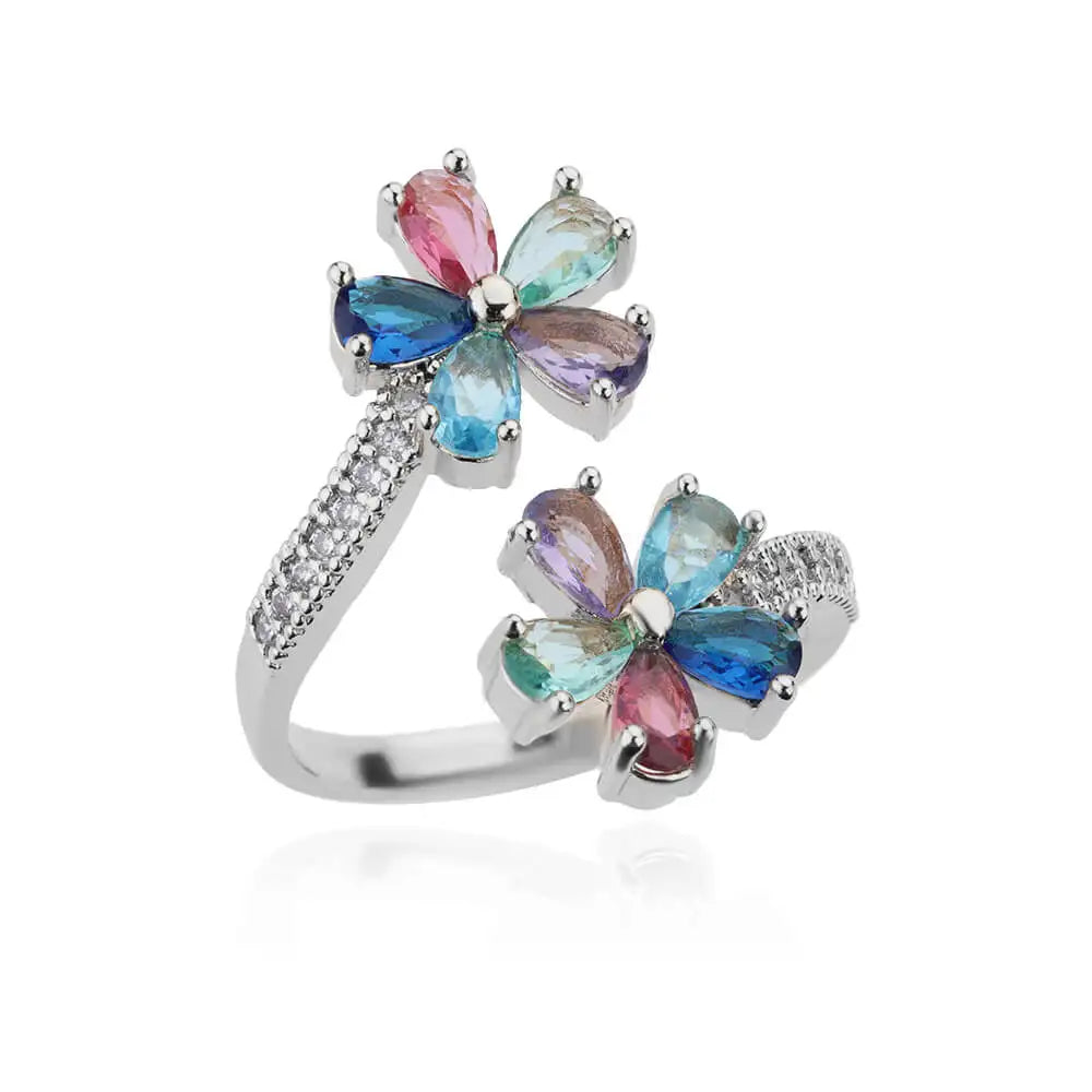 Bunte Zirkon-Doppelblumenringe für Damen, vergoldeter Edelstahl, Blumenöffnungsring, Hochzeit, ästhetischer Schmuck, Geschenk 2023