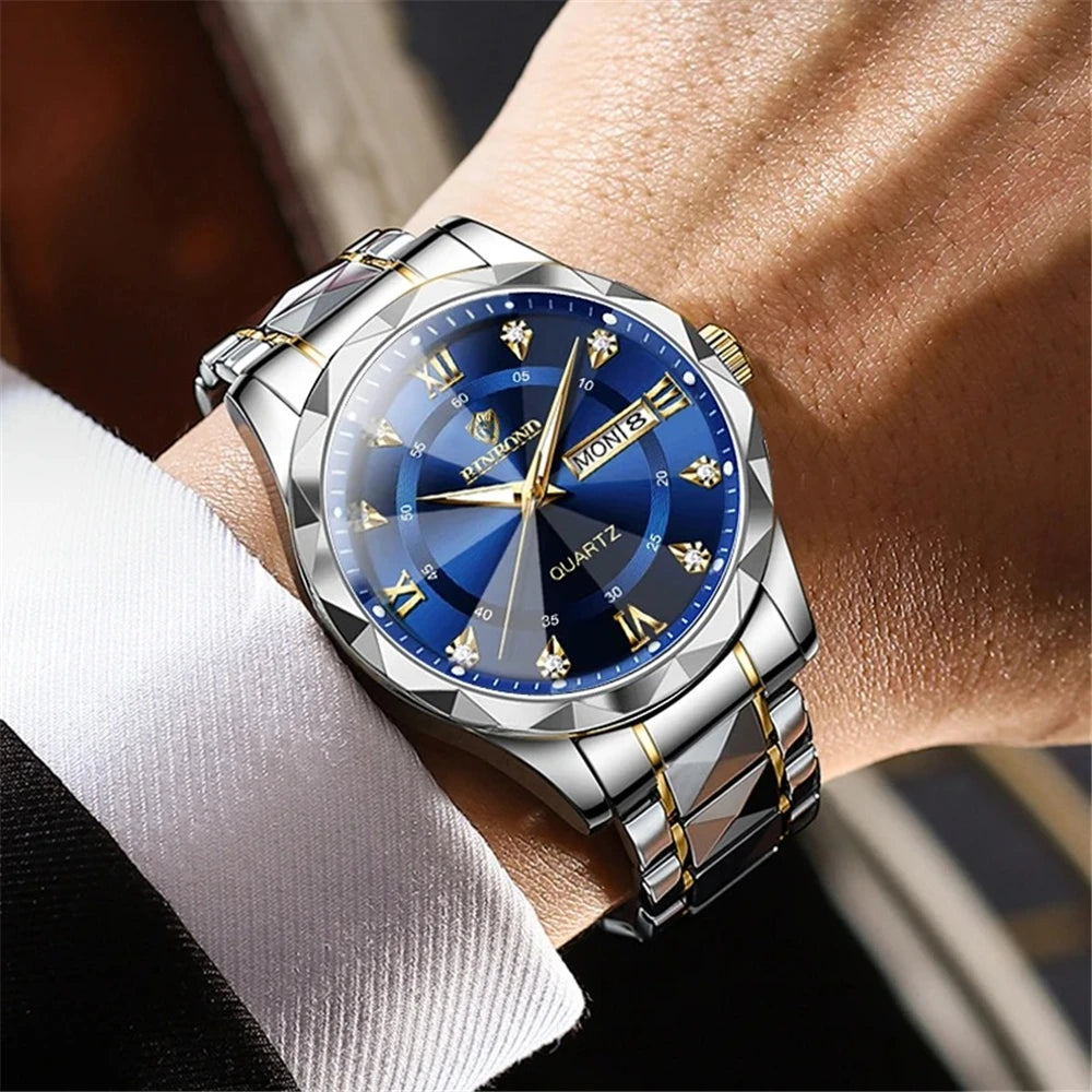 Nuevo Oro Negocios Cuero Casual Diamante Reloj Hombres Lujo Relojes Automáticos Relojes de Pulsera de Moda para Hombres Cuarzo Orologi Uomo