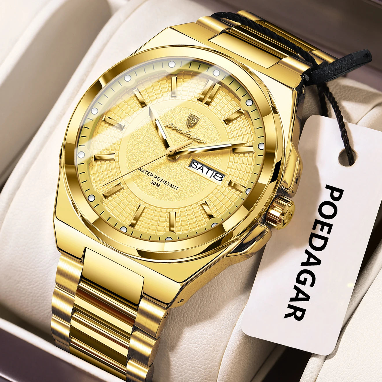 POEDAGAR Top Original Relojes de Hombre Acero Inoxidable Impermeable Luminoso Reloj de Hombre Fecha Semana Clásico de Moda Reloj de Pulsera de Cuarzo para Hombre
