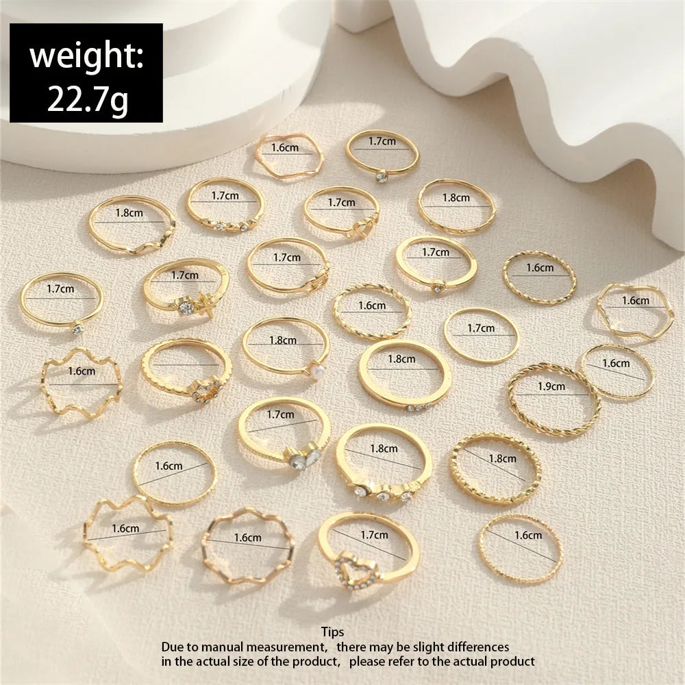 Mode Einfache Welle Gelenkringe Set für Frauen Kristall Herz Form Gold Silber Farbe Ring Weiblicher Party Schmuck