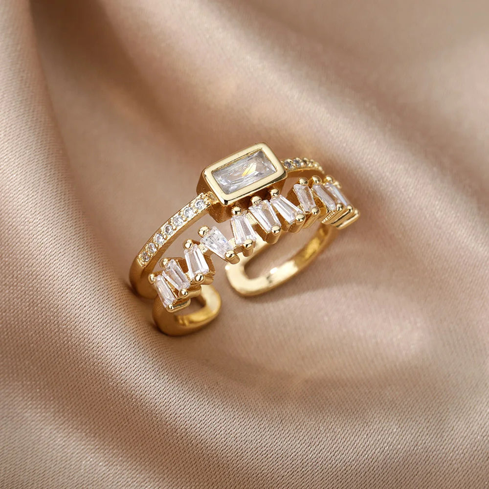 Goldfarbene Zirkonia-Ringe für Damen Offener Edelstahl Grüner Luxus-Kristall-Fingerring Boho Schmuck Hochzeitsfeier Geschenk