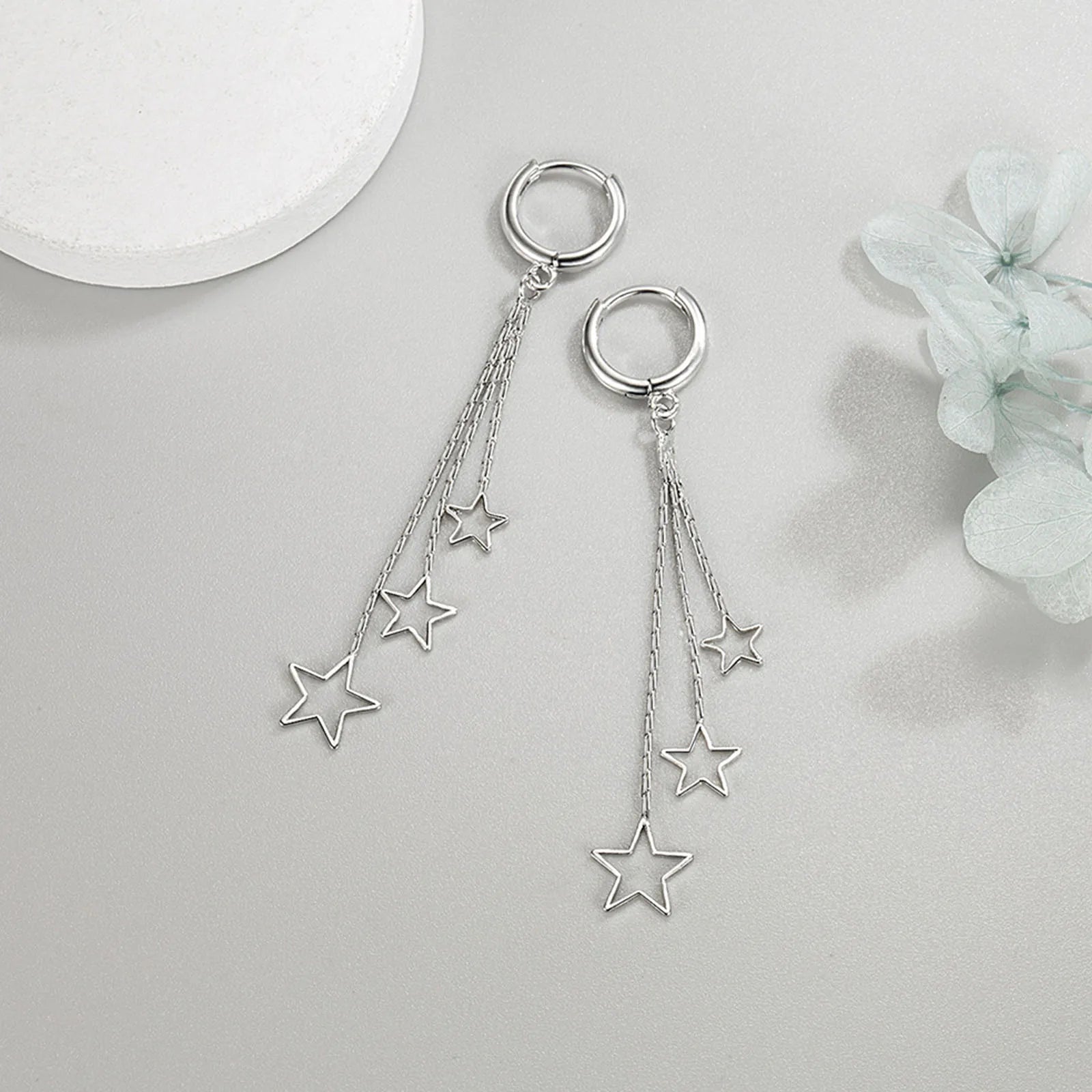 Pendientes de aro elegantes y populares de tres estrellas para mujer, de plata de ley 925, joyería de fiesta, pendientes largos de borla, elegantes
