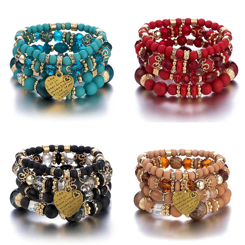 4er-Set Boho Kristallperlen-Kettenarmbänder für Damen, Vintage Herz-Anhänger, elastisches Armband, Damen Mode Party Schmuck
