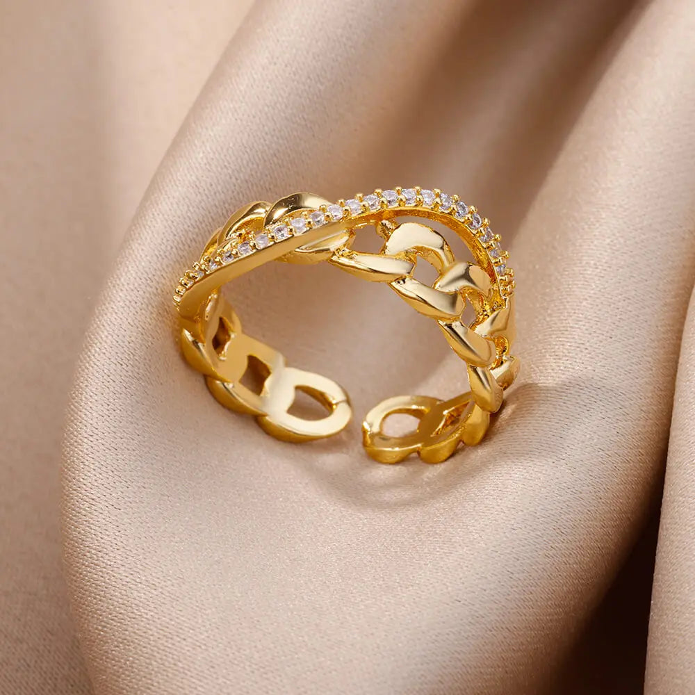 Anillos de acero inoxidable de color dorado a la moda para mujer, cadena hueca de cristal de circón, joyería para dedo, regalo 2023, anillos mujer