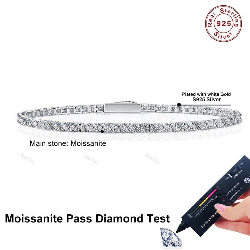 NeeTim 2mm 2.5mm 3mm 4mm Moissanit Tennisarmband 925 Sterling Silber mit Weißgold Plattiert Armbänder für Damen Herren Großhandel