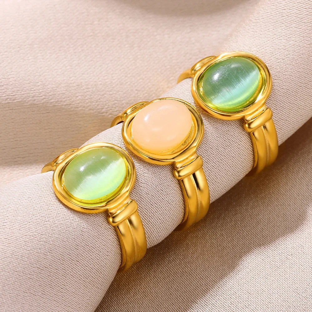 Vintage Ovale Opalringe für Damen Goldfarben Edelstahl Verstellbar Naturstein Verstellbarer Ring Ästhetischer Hochzeitsschmuck
