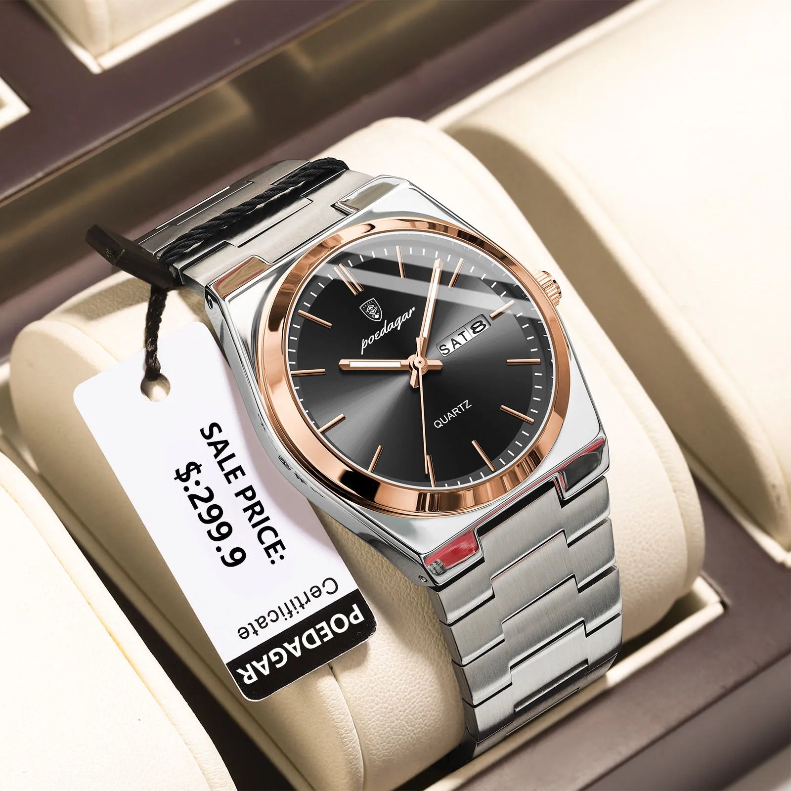 POEDAGAR Lujoso Reloj de Pulsera de Negocios para Hombre, Impermeable, Luminoso, de Acero Inoxidable, con Fecha, Semana, Moda, Relojes de Cuarzo para Hombre+Caja