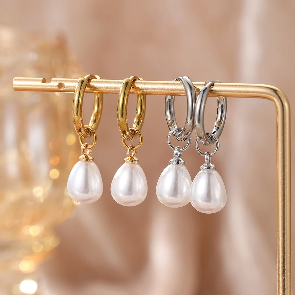 Edelstahl Tropfenförmige Imitationsperlen-Anhänger-Ohrringe Damen Alltag Pendler Eleganter Stil Ohrschmuck Accessoires