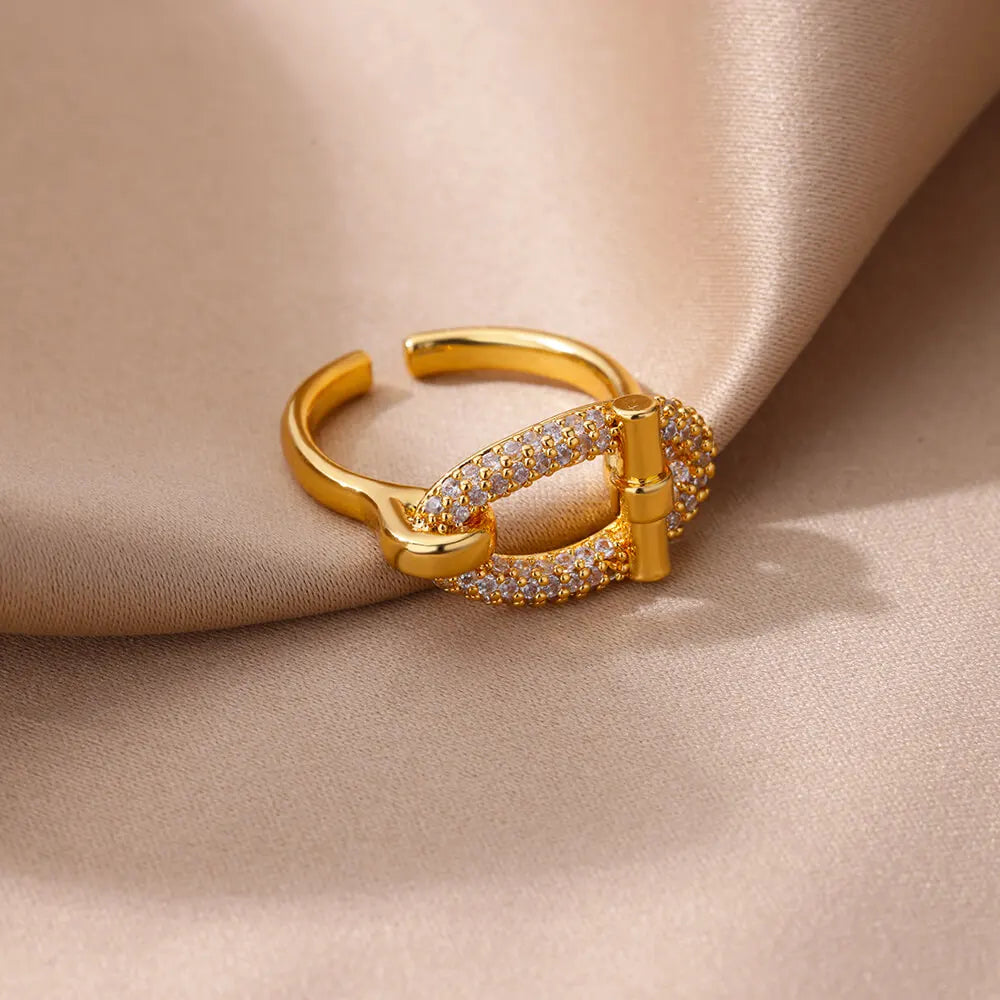 Edelstahl Oval Hohl Zirkon Offene Ringe Für Frauen Gold Farbe Trendiger Hochzeitsästhetischer Ring Sommer Schmuck Accessoires BFF