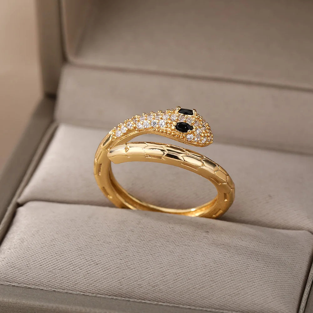 Edelstahl Schlangenringe für Damen Herren Goldfarben Offen Verstellbar Zirkon Ring Vintage Gothic Ästhetischer Schmuck anillos mujer