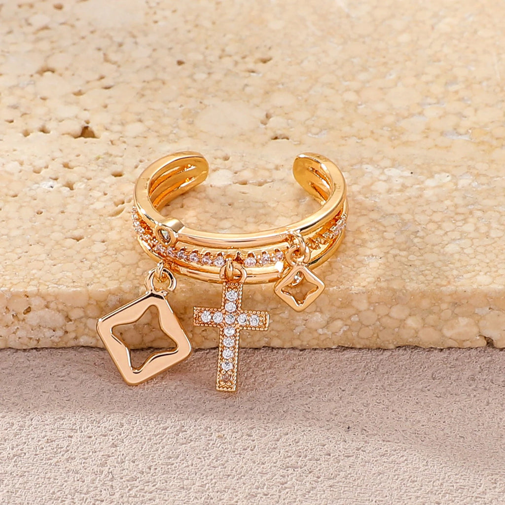 Nwe 18K vergoldete Sonnenringe für Damen, Naturstein eingelegt in hohlem Metall-Textur-Ring, trendiger Schmuck