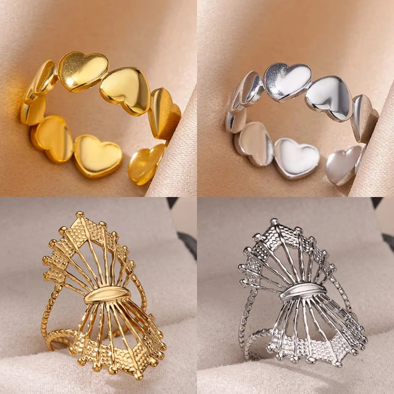 Herzringe für Damen, goldfarben, Edelstahl, offener Herzring, Hochzeit, ästhetisches Accessoire, Party-Schmuck, Geschenk für die beste Freundin, Anillos