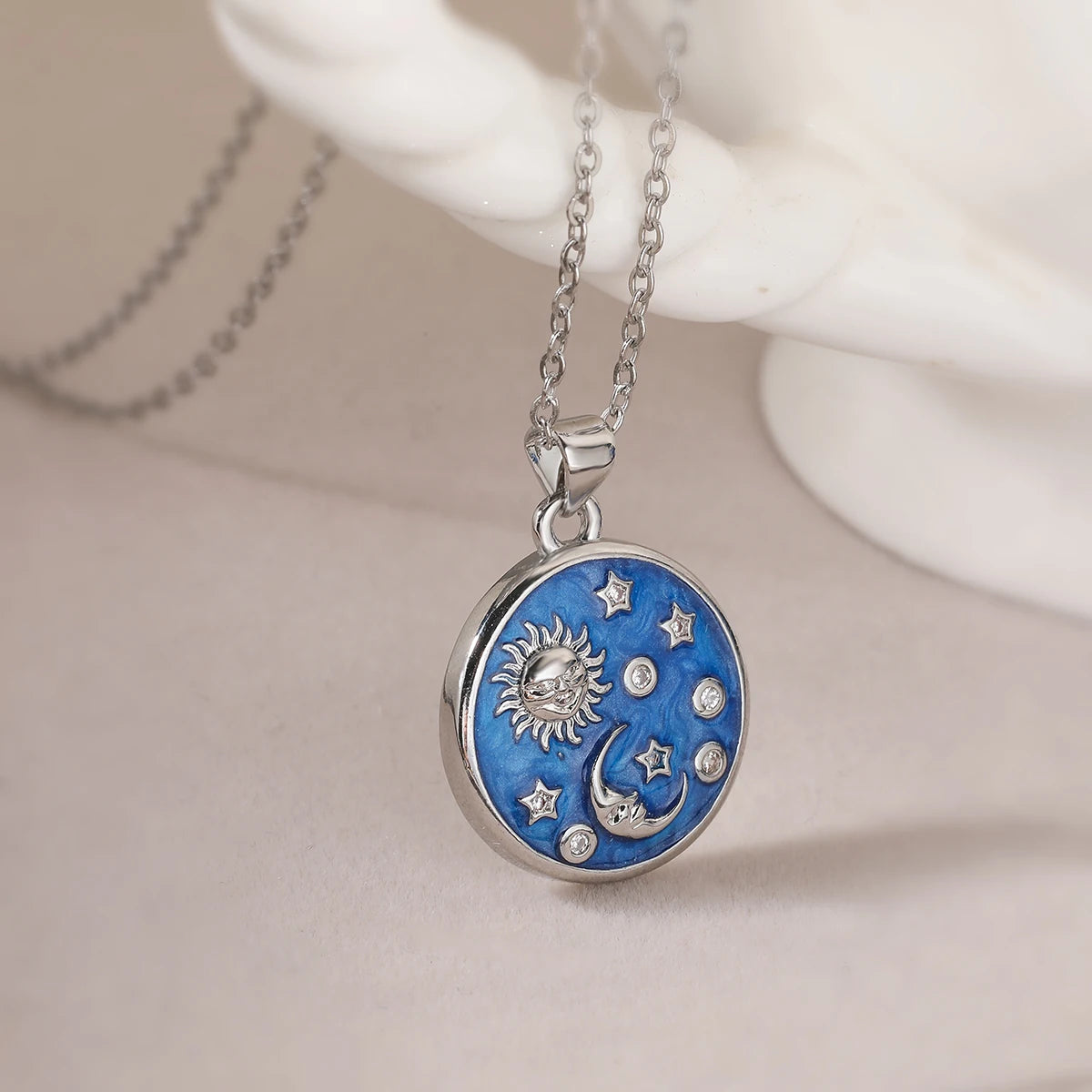 NEWBUY Delicate Blue Oil Dripping Star Moon Sun Round Pendant Necklaces For Elegant Women Bitrhday Gift