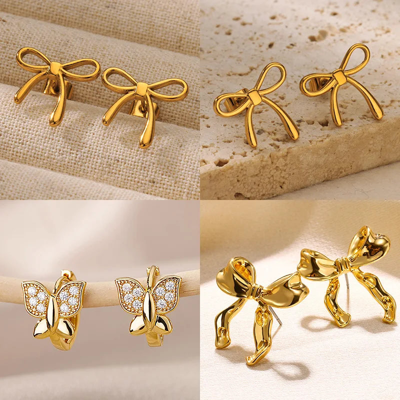 Edelstahl dünne Schleife Ohrringe für Frauen Goldfarbe Ästhetische Ohrringe Hochzeit Weihnachten Mode Schmuck Zubehör