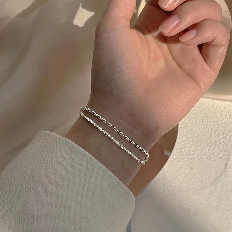 s925 Sterling Silber Doppelreihen Armband für Damen, elegant, schlicht, Süßwasser-Kette, Schmuck