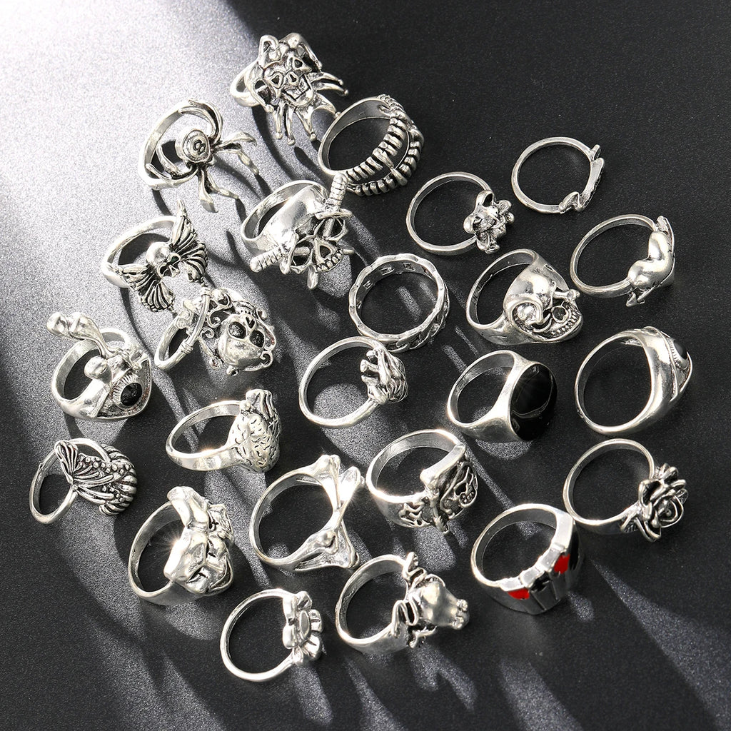 24-teiliges Gothic-Skelett-Unisex-Ring-Set Punk Grunge Schmetterling Frosch Damen Herren Schmuck Hip Hop Party Street Ring Accessoires Geschenk
