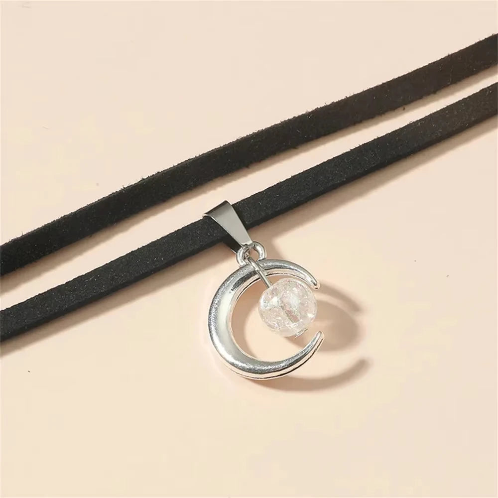Moda Color Plata Luna Colgante Collar Gótico Acrílico Cuentas Franela Cuello Vintage Cadena Clavícula Gargantilla Kpop Joyería