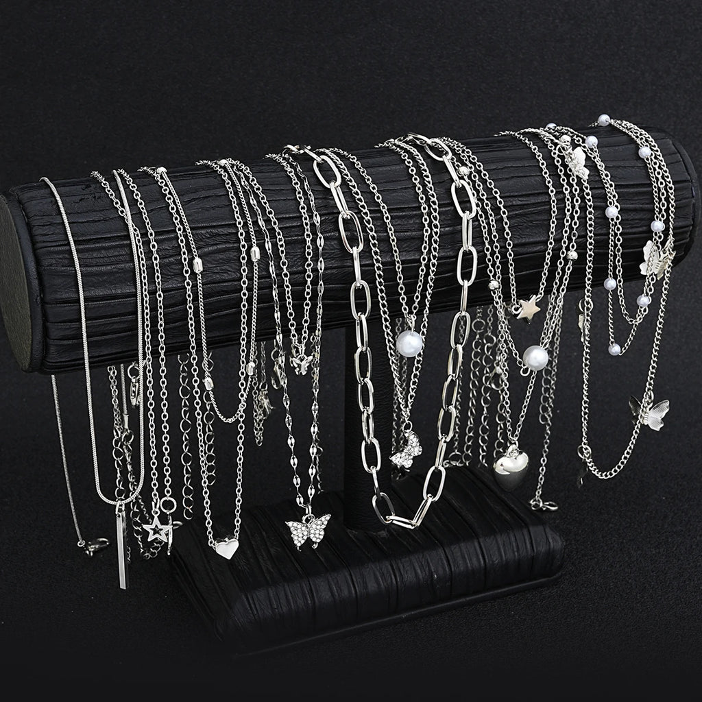 13Pcs/Set Simple Temperament Necklace Set Butterfly Pearl Heart Star Zircon Silver Color Necklace for Women Fashion Jewelry Gift