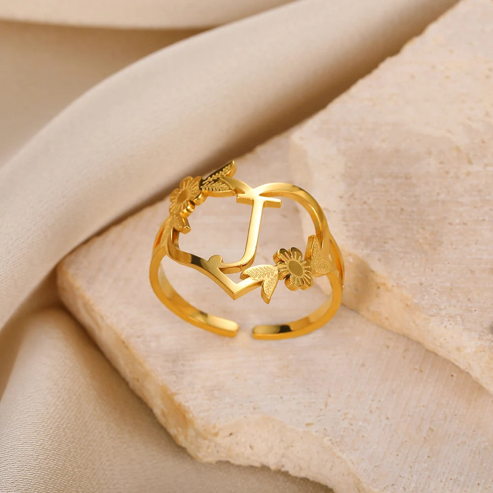 Edelstahl Initialen Buchstaben Herzringe für Frauen Mädchen Goldfarben Blumen Alphabet Ring Mode Valentinstags Schmuck Geschenk
