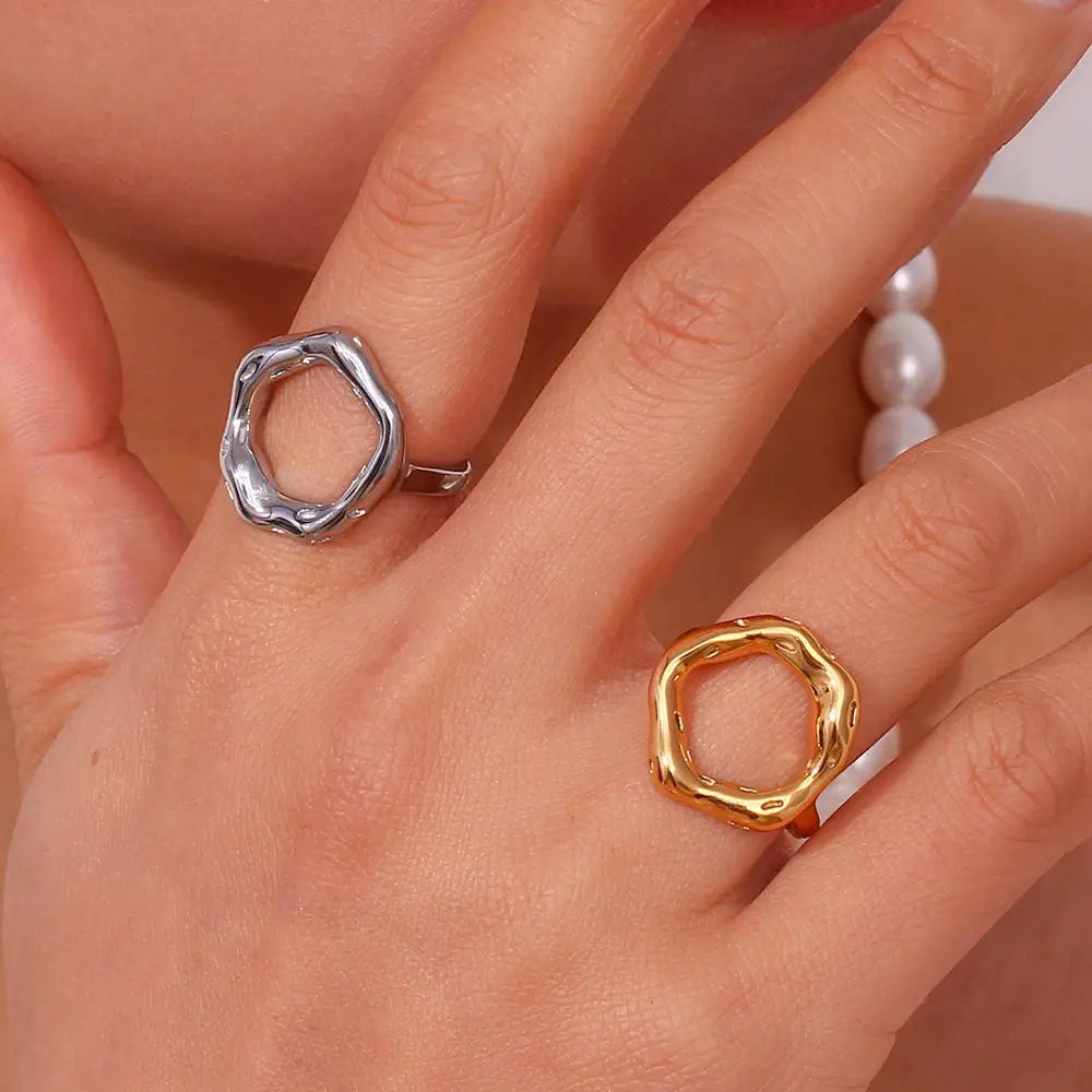 Anillo de acero inoxidable con motivo circular vintage para mujer, textura fundida, detalle de textura, temperamento, joyería al por mayor, Dropshipping