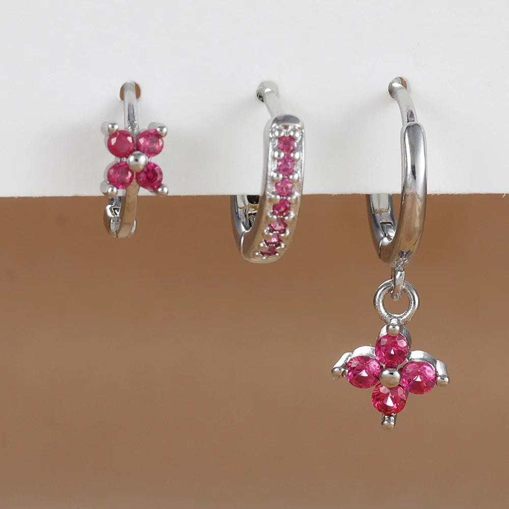 3 Paar modische orange-blaue Zirkon-Hängeohrringe für Damen, Edelstahl-Blumen-Baumelohrringe, Piercing-Schmuckset