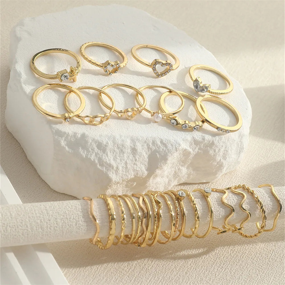 Mode Einfache Welle Gelenkringe Set für Frauen Kristall Herz Form Gold Silber Farbe Ring Weiblicher Party Schmuck