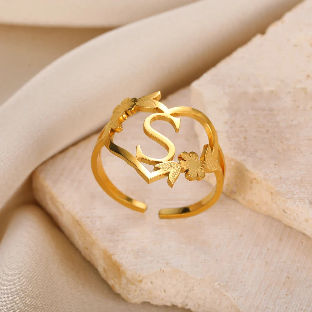 Edelstahl Initialen Buchstaben Herzringe für Frauen Mädchen Goldfarben Blumen Alphabet Ring Mode Valentinstags Schmuck Geschenk