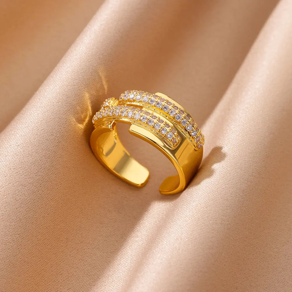 Zirkon geometrische Ringe für Frauen Luxus Edelstahl Gold Farbe Offener Ring Trendige Hochzeit Party Ästhetischer Schmuck Geschenk Femme