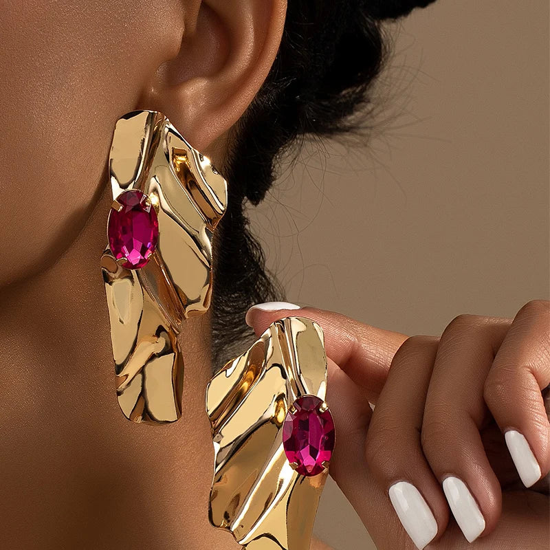 Obega geometrische fuchsiafarbene Steinohrringe, warmgoldfarben, blumenförmig, Damenohrstecker, Party, Strand, Schmuck für Mädchen