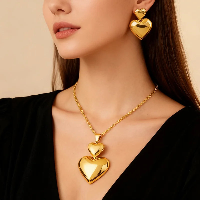 Herzförmige Ohrringe aus goldfarbenem Metall, 24 Karat vergoldet, schlichte Mode-Halskette mit Schlüsselbein-Kette, exquisite Weihnachtsgeschenke